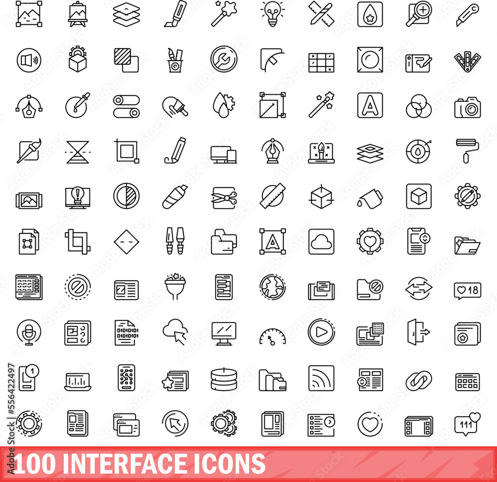 Poster 100 interface icons set. outline illustration of 100 interface icons vector set isolated on white ba