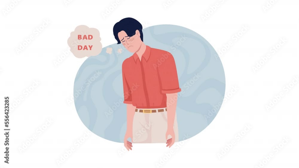 Poster animated feeling bad. looped 2d cartoon flat characters on white with alpha channel transparency for