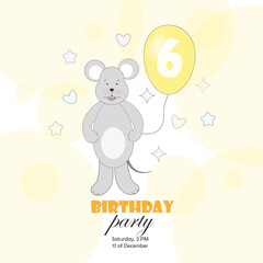 A postcard, an invitation to a birthday party with a mouse with a balloon in its paw with the number 6. Vector illustration