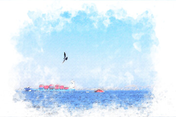 Watercolor illustration. seagull, cargo ship and sea view
