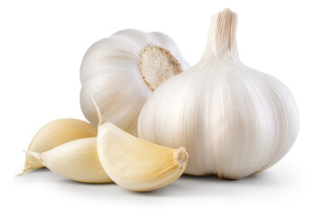 Garlic bulb and clove isolated. Garlic bulbs with cloves on white background. White garlic bulb...