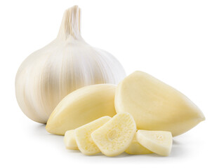 Garlic bulb and clove isolated. Garlic bulbs with chopped cloves on white background. White garlic bulb composition. With clipping path. Full depth of field.