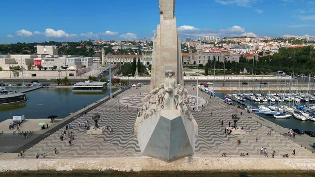 Padrão dos Descobrimentos monument of the discoveries Lisbon Portugal 4k aerial video
