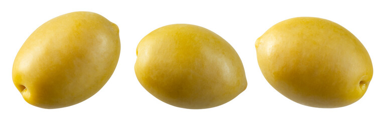 Green olive isolated. Olives collection on white background. Top view green olive with clipping path. Full depth of field.