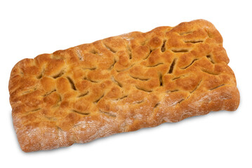 Schiacciata braed isolated on white, typical Italian focaccia from Tuscany and Rome, clipping path, copy space