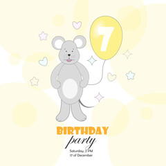 A postcard, an invitation to a birthday party with a mouse with a balloon in its paw with the number 7. Vector illustration