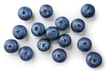 Blueberry isolated. Blueberries top view. Blueberry flat lay on white background with clipping path.