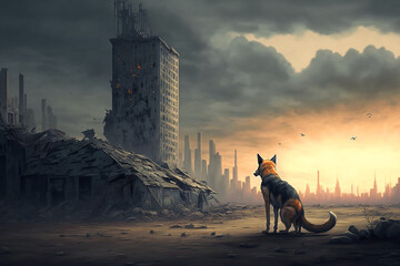cityscape, anime style, apocalyptic view, lonely dog lost. Generative AI