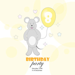 Postcard, invitation to a birthday party with a mouse with a balloon in its paw with the number 8 Vector illustration