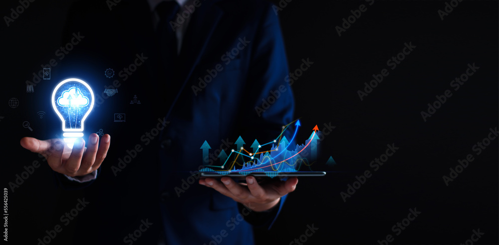 Poster businessman using cloud technology connect business data. cloud computing. internet cloud technology