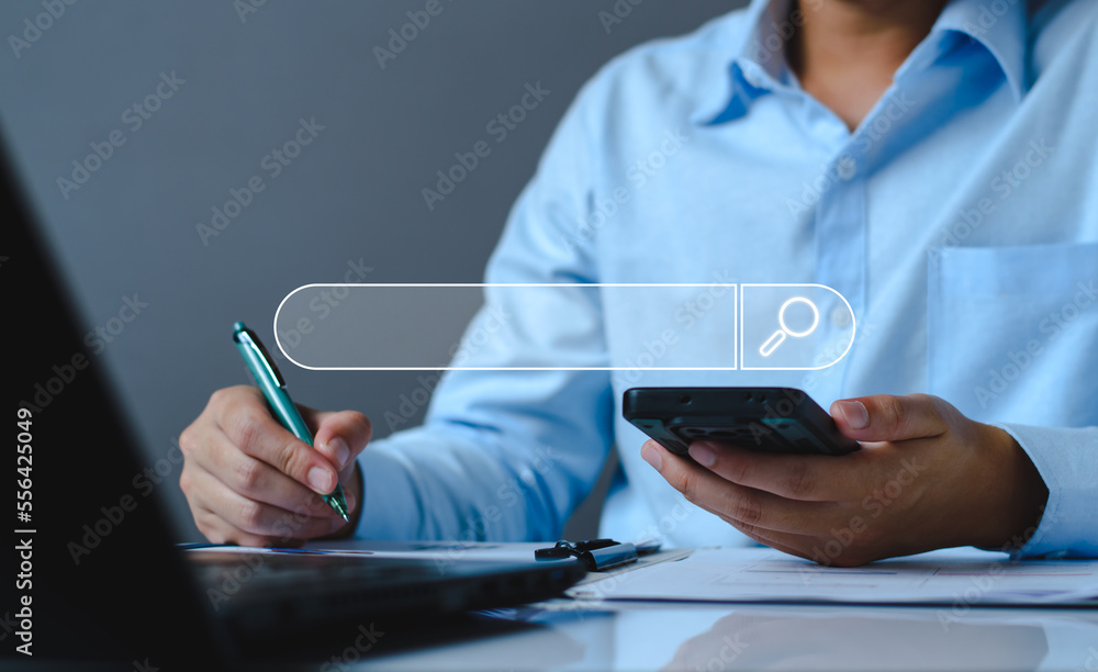 Poster data search technology search engine optimization. business people are searching for information in 