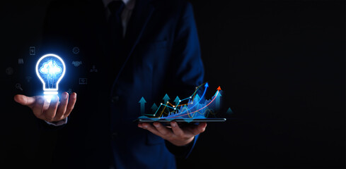 Businessman using cloud technology connect business data. Cloud computing. Internet Cloud technology Data storage, analysis profitability of working companies with digital augmented reality graphics.