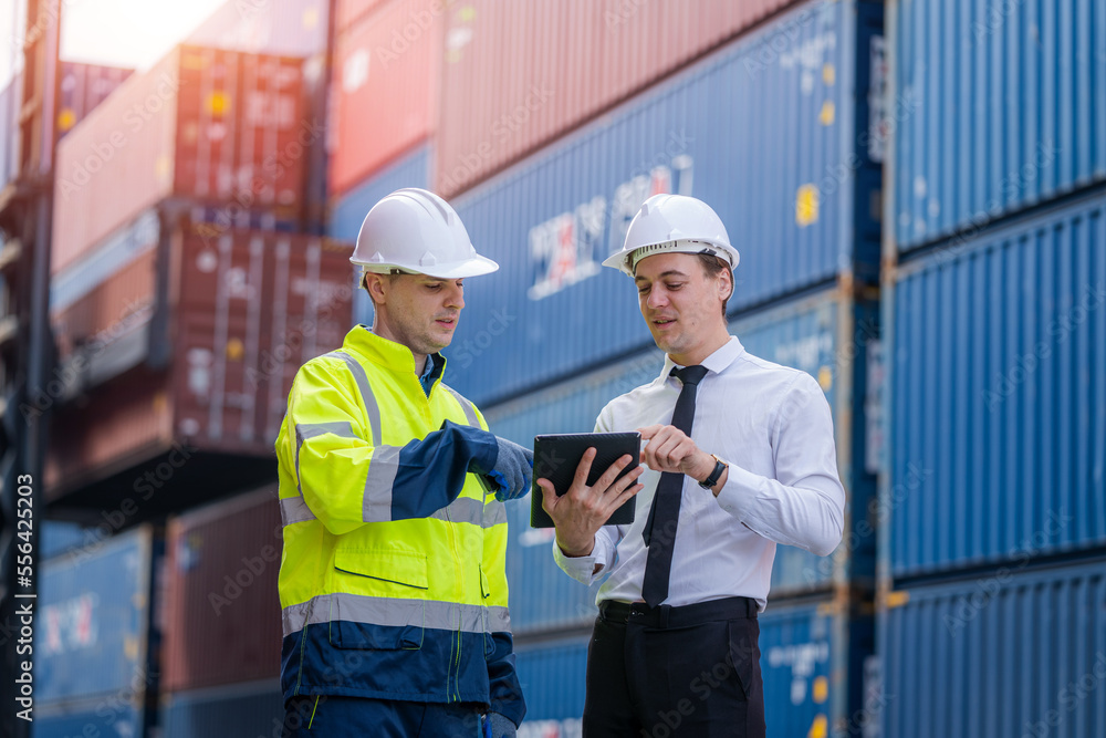 Poster Businessman and Technicians or engineer work at Container cargo site check up goods in container.