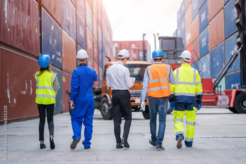Poster Engineer container cargo with worker checking stock into container for loading,logistic and business export.