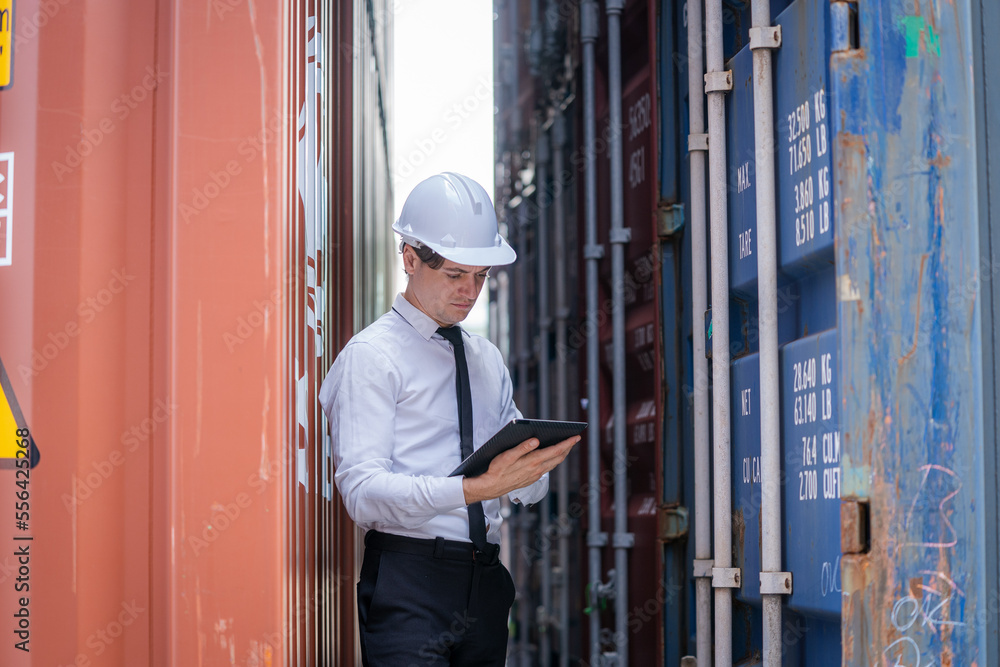 Poster Engineer check goods and stock in industrial container terminal,Quality of product,Checking on shipping containers.