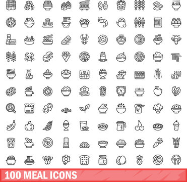 100 meal icons set. Outline illustration of 100 meal icons vector set isolated on white background