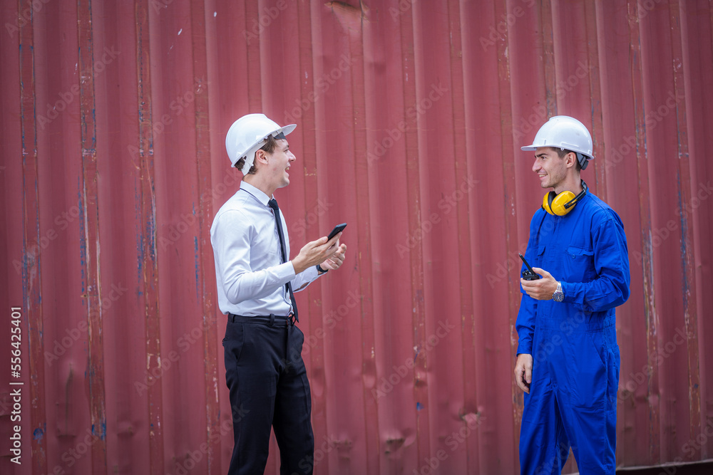 Poster Industrial engineer and inspector or safety supervisor working in container terminal,Container in export and import business and logistics.