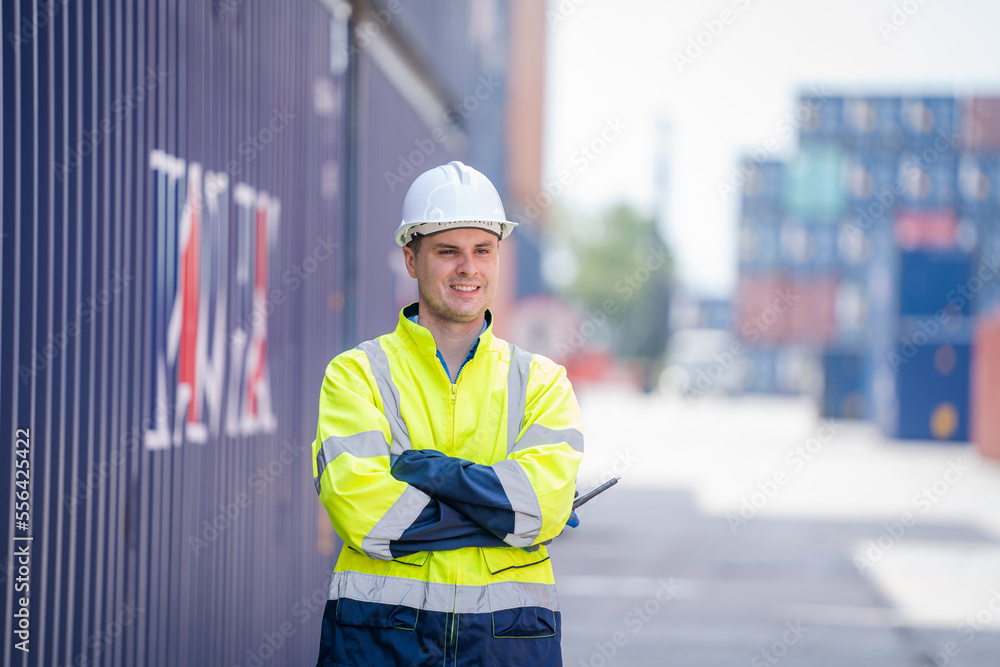 Poster Cargo container worker checking and control loading Containers box in warehouse