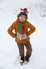 Fun child, fashion kid, cute happy boy. Winter nature, landscape. Outdoor recreation, fun rest. Winter look, seasonal outfit of child. Cold weather