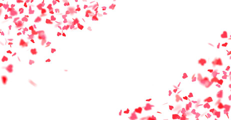 Fototapeta na wymiar Falling red and pink hearts isolated on transparent background. Valentine’s day design. 3D rendering