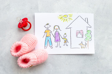 Drawing of parents and child at home. Adoption concept