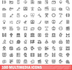 Foto op Plexiglas 100 multimedia icons set. Outline illustration of 100 multimedia icons vector set isolated on white background © ylivdesign