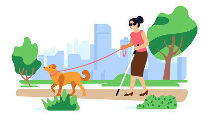 Blind woman with guide dog walks in park. Disabled persons outdoor stroll. Pet leading handicapped female. Visual disability. Trained animal companion. Invalid assistance. Vector concept