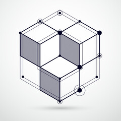 Mechanical scheme, black and white vector engineering drawing with 3D cubes and geometric elements. Engineering technological wallpaper made with honeycombs.