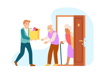 Elderly couple receives bag of groceries from man. Food order service. Volunteers help for pensioners. Courier delivery. Charity box. Person carrying purchase to door. Vector concept