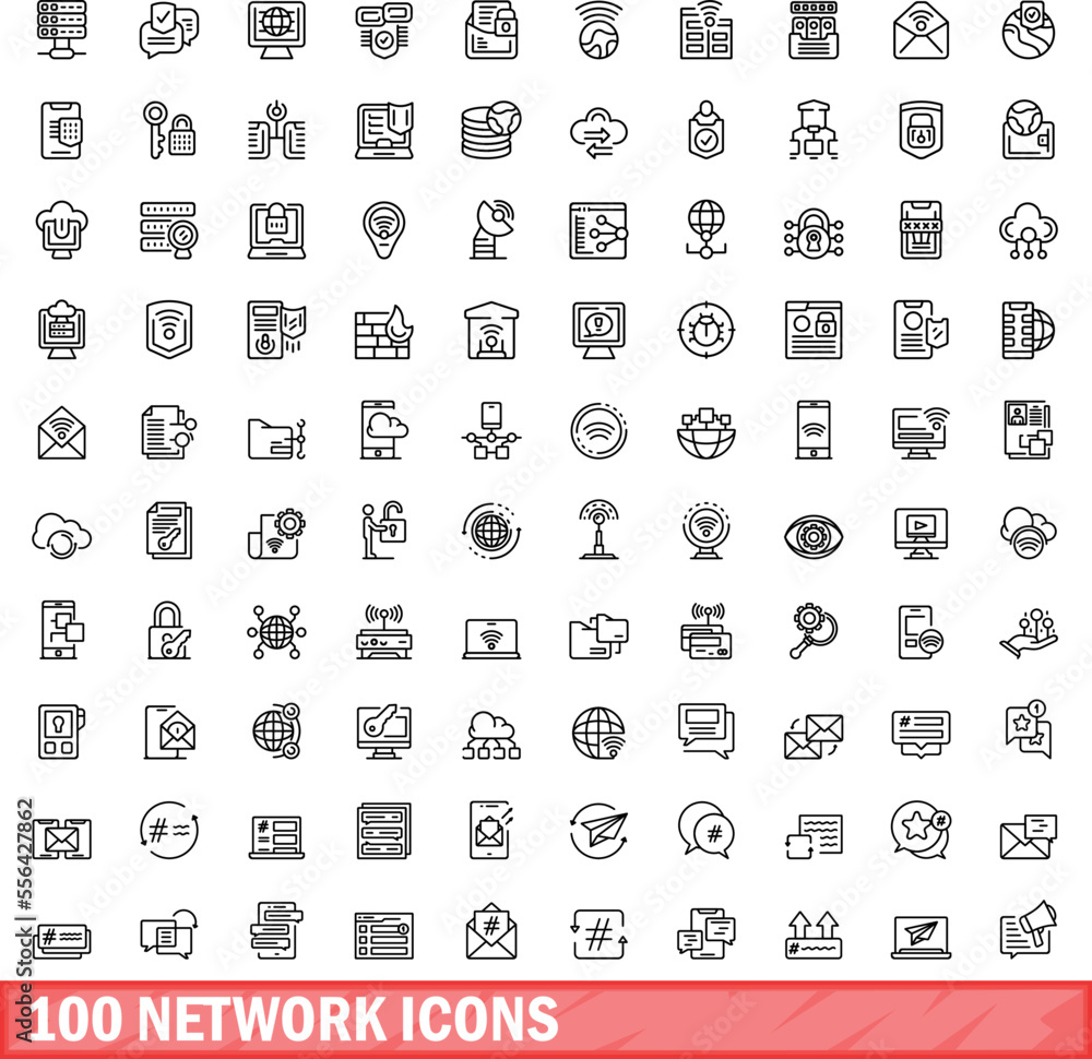 Poster 100 network icons set. outline illustration of 100 network icons vector set isolated on white backgr