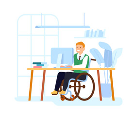 Employee with disability works in office. Handicap man sitting in wheelchair at computer. Paralyzed business worker. Disabled person employment. Equal accessibility. Vector concept