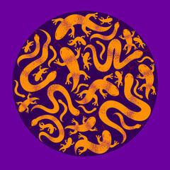 Snakes and lizards round composition in a circle vector design illustration, horror and disgusting creatures.