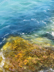 Blue, Green and grey Abstract Art Painting background. Hand drawn oil painting on canvas. Color texture. Fragment of artwork. Brushstrokes and spots of paint. Water, ocean.