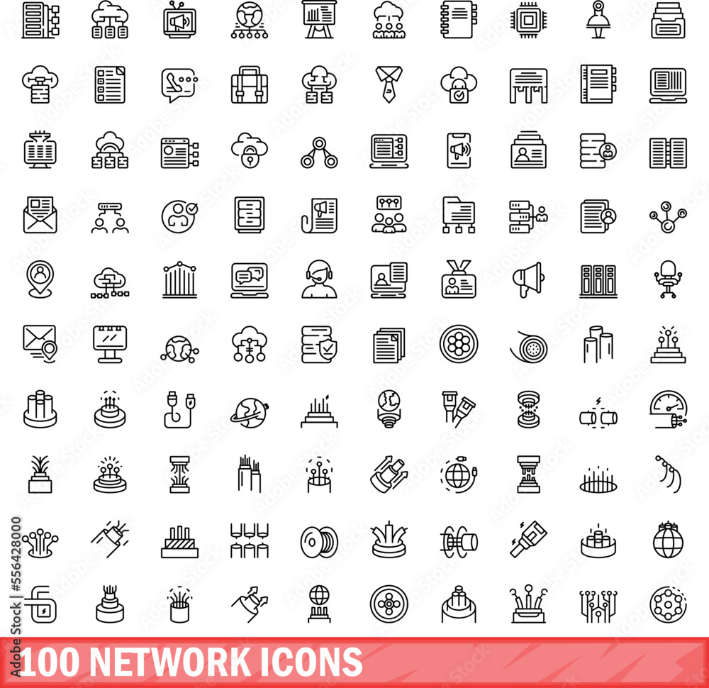Poster 100 network icons set. outline illustration of 100 network icons vector set isolated on white backgr