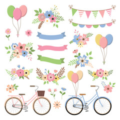 Hand drawn vintage flower bouquet set with bikes, balloons, ribbons, party buntings. Save the date design. Isolated on white background Vector wedding set with summer flowers, ribbons and bicycle.
