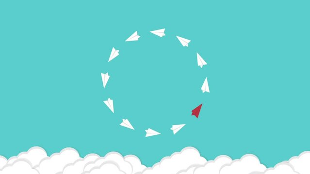 Think differently concept. Be different. Red airplane changing direction. New idea, change, trend, courage, creative solution, innovation and unique way concept. Animation.	