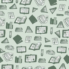 Hand drawn seamless vector pattern with open books, book spines and handwritten pages. Library, education symbols bookstore.