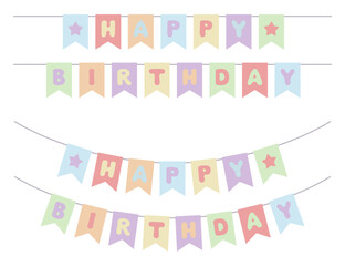Cute colorful bunting set with "Happy Birthday". Flags on rope. Can be used for card, invitation, border. Isolated vector and PNG illustration on transparent background.