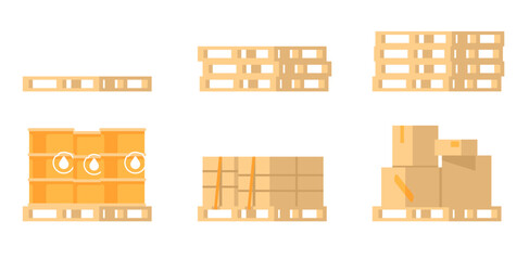 Fototapeta premium Pallet with cargo. Warehouse storage. Freight transportation. Logistic distribution. Merchandise shipping in storehouse. Cardboard boxes. Stacked crates. Vector wooden platforms set