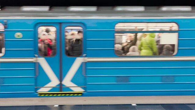 Metro train close-up. Clip. Subway