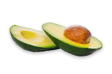 Two fresh slices of avocado with core isolated on a transparent in close-up. 