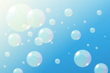 Background with blue sky and rainbow soap bubbles illuminated by sunlight. Vector illustration