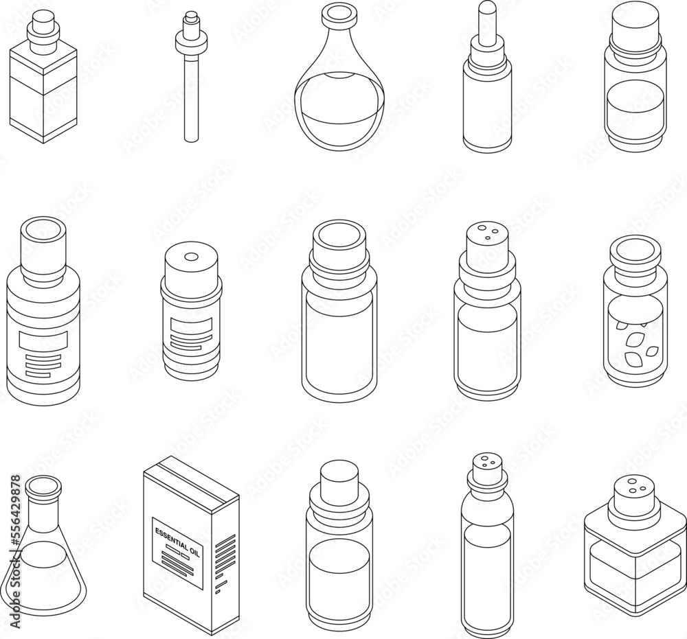 Poster essential oils icons set. isometric set of essential oils vector icons for web design isolated on wh