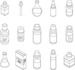 Essential oils icons set. Isometric set of essential oils vector icons for web design isolated on white background outline