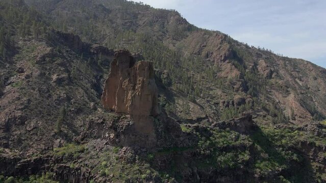 aerial shot in orbit of the famous roque Mulato on the island of Gran Canaria on a sunny day.