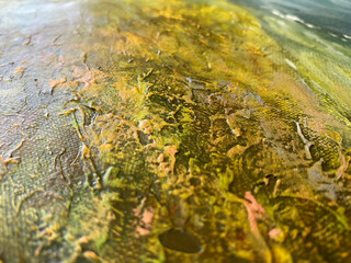 Blue, Green and grey Abstract Art Painting background. Hand drawn oil painting on canvas. Color texture. Fragment of artwork. Brushstrokes and spots of paint. Water, ocean.