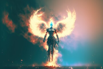 Angel with flame flwing up to the heaven. Generative AI