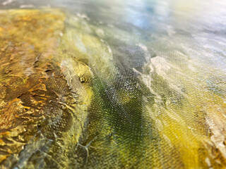 Blue, Green and grey Abstract Art Painting background. Hand drawn oil painting on canvas. Color texture. Fragment of artwork. Brushstrokes and spots of paint. Water, ocean.