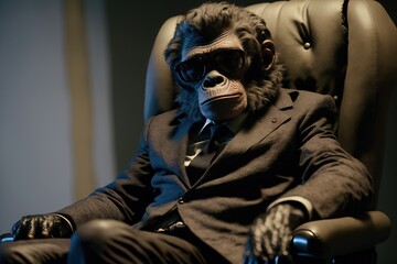 chimpanzee apes wearing sunglasses. Mafia boss. Generative AI