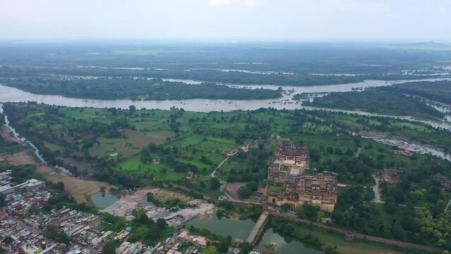 Aerial Panoramic View Of Orchha Town With Hindu Temples In Madhya Pradesh State, India.